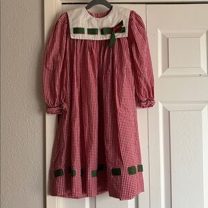 Vintage Christmas Peaches n Cream Red Gingham Polka Dot Ribbon Prairie Dress